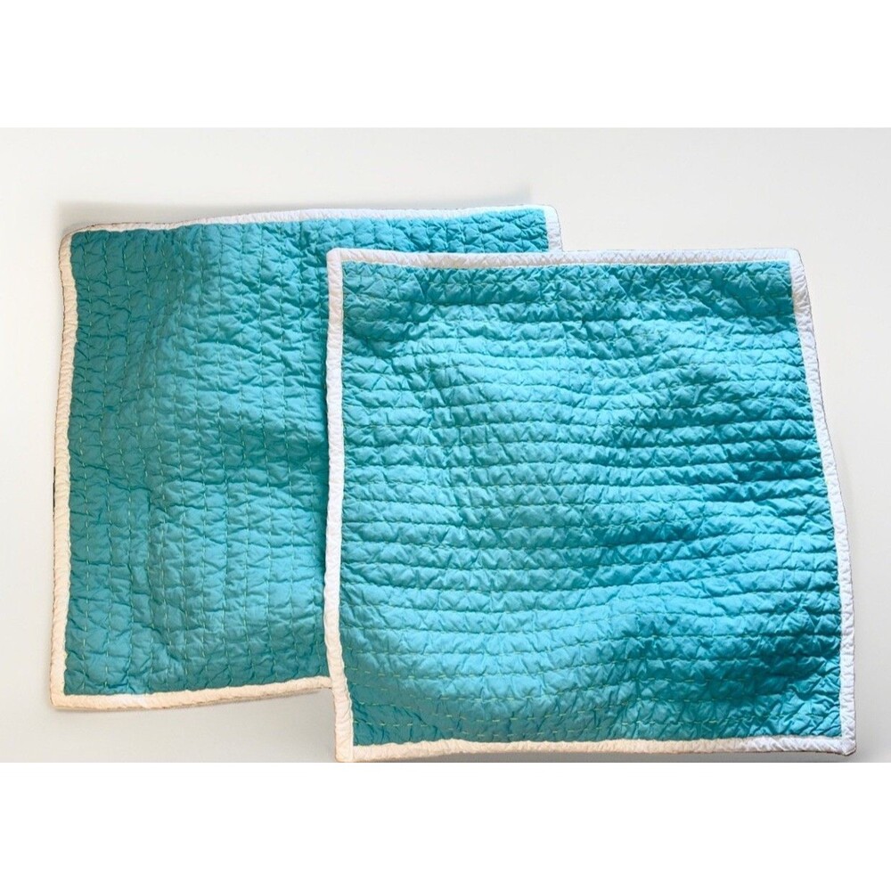 (2) Serena & Lily Euro Pillow Shams Set Cabin Quilted Aqua Turquoise Lime White
